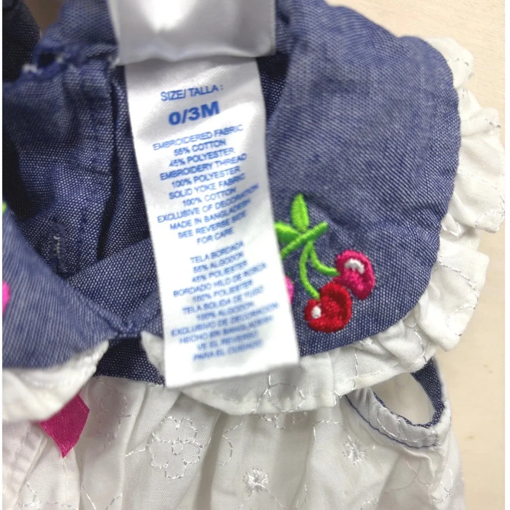 Kidgets Baby Girl Cherry Denim Eyelet Dress White Blue 0-3 Months